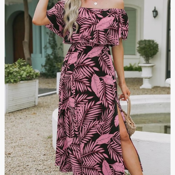 Pink and Black Leaf Print Off-Shoulder Dress - Picture 2 of 4